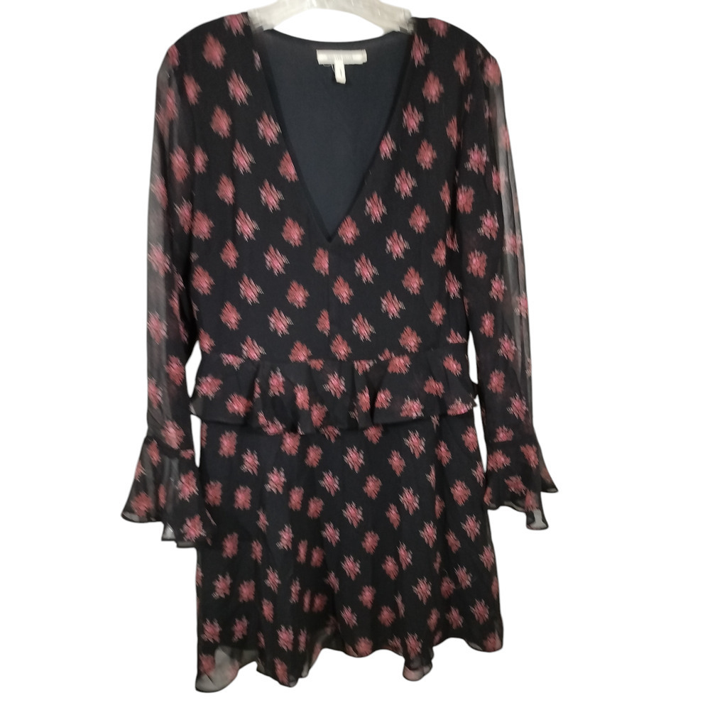 3219) Avec Les Filles Black Florals Print V Neck Ruffle Mini Dress Size Medium